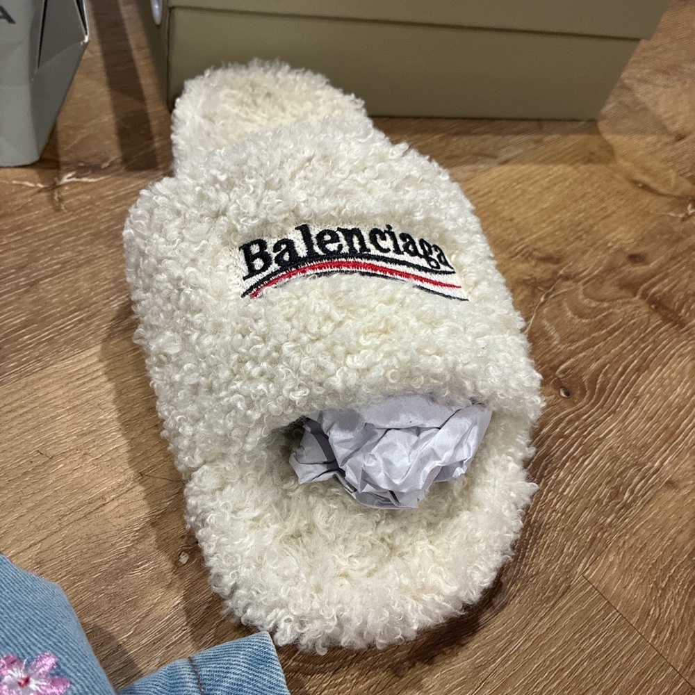 Balenciaga White Fuzzy Slippers